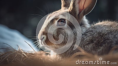 Image of a furry rabbit in macro lens. Cute little rabbit on green grass in sunshine day. Cartoon Illustration