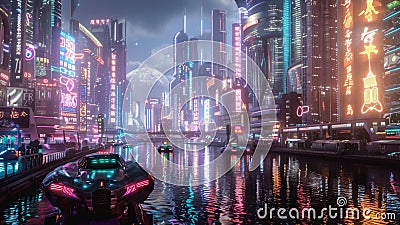 A futuristic city in Asia with a large river running through the center. Stock Photo