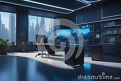 image of a futuristic office blue and dark decoration perfect composition beautiful detailed Stock Photo