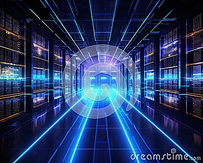 Futuristic working data center with row of rack server Stock Photo