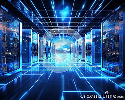 Futuristic working data center with row of rack server Stock Photo