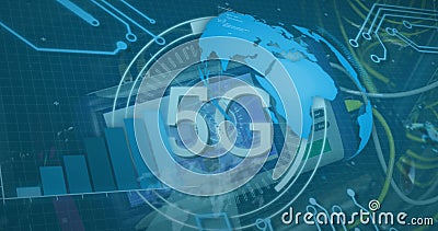 Image of 5g text in circle, globe, computer language and circuit board pattern over technology Stock Photo