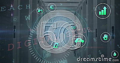 Image of 5g text, eco icons and data processing over computer servers Stock Photo