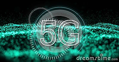 Image of 5g text over abstract waving mesh with green spots Stock Photo