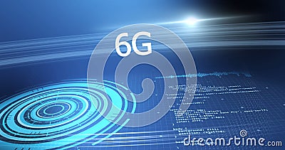 Image of 6g text with scope scanning and data processing over grid on blue background Stock Photo
