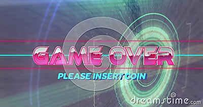 Image of game over please insert coin text over light trails and circles Stock Photo
