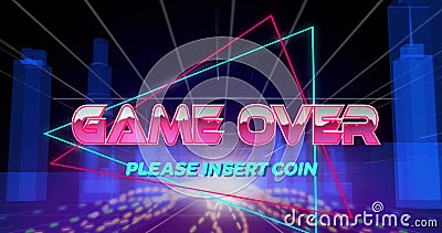 Image of game over, please insert coin text over triangle against 3d model of buildings Cartoon Illustration