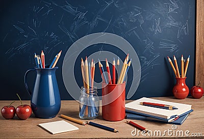 back to class: empty classroom waiting for students with blackboard with copy space Stock Photo