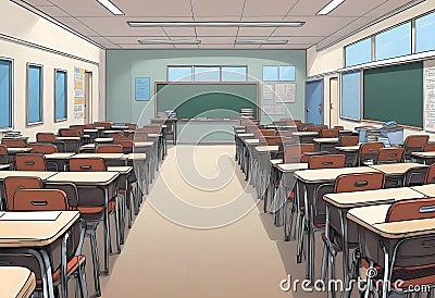 back to class: empty classroom waiting for students with blackboard with copy space Stock Photo