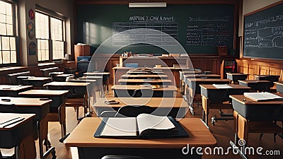 back to class: empty classroom waiting for students with blackboard with copy space Stock Photo