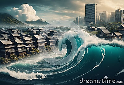 Tsunami waves encroach on land submerging Japanese coastal city, Digital art style Stock Photo