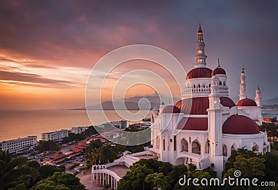 Beautiful landscape view of Malacca Straits Mosque during awesome sunset Stock Photo