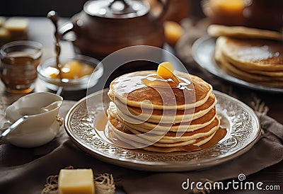 butter up baked pancakes close Fresh meloui Moroccan plate honey Stock Photo