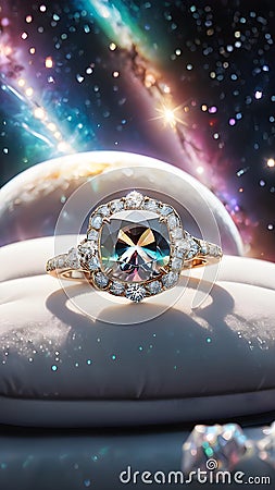 Cosmic Romance: Wedding Ring in a Starry Universe Cartoon Illustration