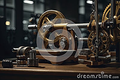 The gears, pulleys, and adjustable parts make these instruments functional. Stock Photo