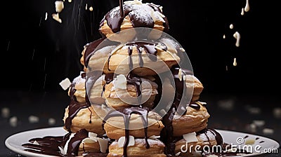 A Photo of a Tower of Cream Puffs with a Drizzle of Chocolate Stock Photo