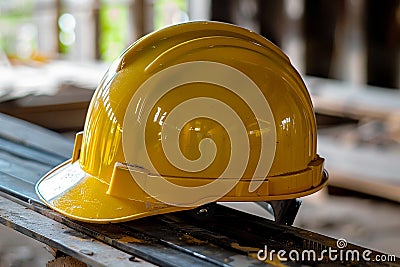 Yellow safety construction helmet with a background of unfinished interior walls Stock Photo