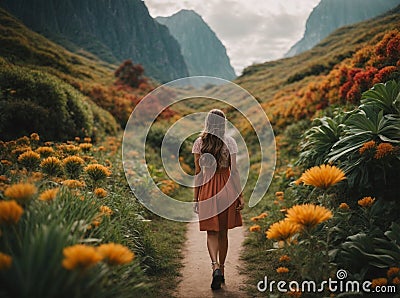 Girl walking in the garden, concept. Nature change mood, generative ai too Stock Photo