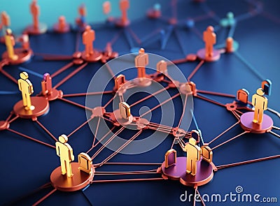 golden networking and teamwork concept, Abstract image of young people with map and connected icons, generative us Stock Photo