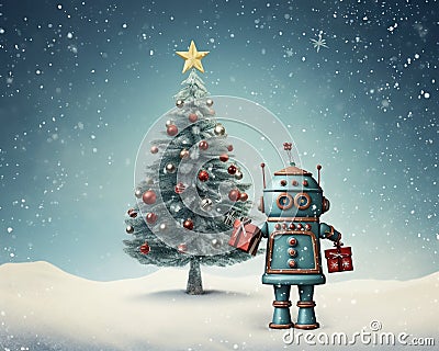 giant retro robot stands in a snowy landscape holding a decorated Christmas tree. Cartoon Illustration