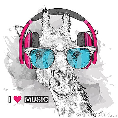 The image of the giraffe in the glasses and headphones. Vector illustration. Vector Illustration
