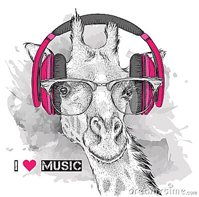 The image of the giraffe in the glasses and headphones. Vector illustration. Vector Illustration