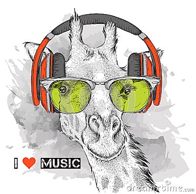 The image of the giraffe in the glasses and headphones. Vector illustration. Vector Illustration