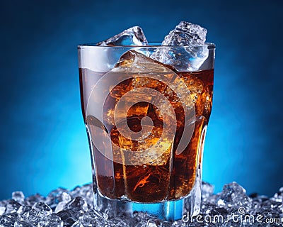 close up of a glass of cola with ice cubes. Cartoon Illustration