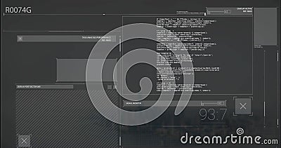 Image of glitching interfaces processing data on dark background Stock Photo