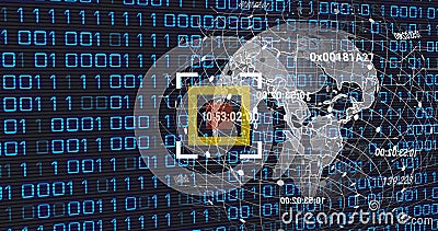 Image of globe and binary code on black background Stock Photo