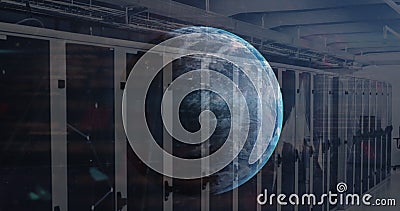 Image of globe, data processing and plexus networks against computer server room Stock Photo