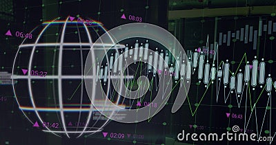 Image of globe, multiple graphs with changing numbers and trading board over data server room Stock Photo