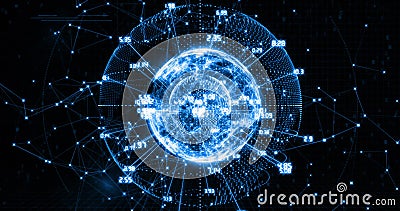 Image of globe with numbers rotating over binary codes and programming language Stock Photo