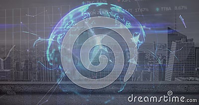 Image of globe of plexus networks, statistical, stock market data processing against cityscape Stock Photo