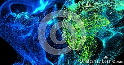 Image of glowing blue and green particle vapours moving on black background Stock Photo