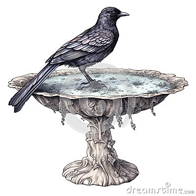 Gothic crow on a fountaine watercolor illustration Cartoon Illustration