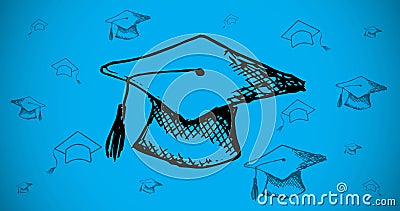 Image of graduation caps moving on blue background Stock Photo
