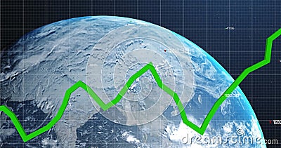 Image of graph with changing numbers and grid pattern over rotating globe Cartoon Illustration