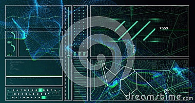 Image of graph, computer language, loading circles, navigation pattern over dynamic waves Cartoon Illustration