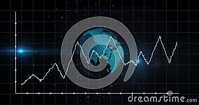 Image of graph, grid pattern, lens flares and rotating globe over black background Cartoon Illustration