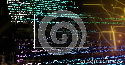 Image of graph over computer language against illuminated map interface in background Cartoon Illustration