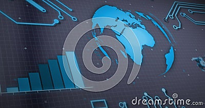 Image of graph, rotating globe and circuit board pattern over gray background Cartoon Illustration