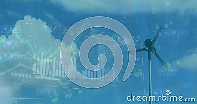 Image of graphs and computer language over low angle view of windmill against cloudy sky Stock Photo