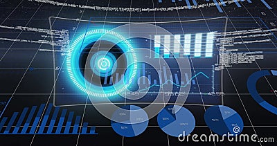 Image of graphs and data processing on screens in digital space Stock Photo