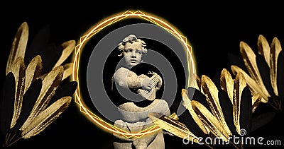 Image of gray sculpture of cupid over shapes and leaves Stock Photo