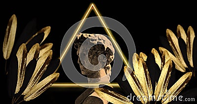 Image of gray sculpture of man over shapes and leaves Stock Photo