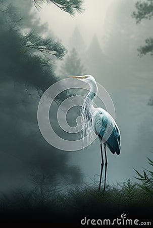 Image of great egret standing in the swamp in the middle of the forest. Birds. Animals. illustration. Generative AI Cartoon Illustration