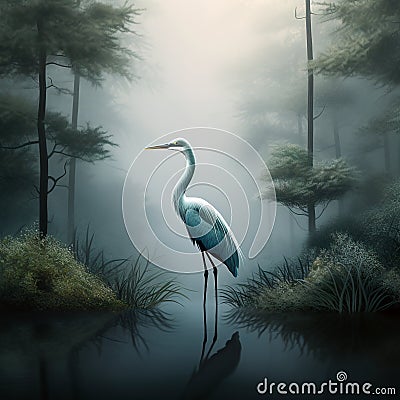 Image of great egret standing in the swamp in the middle of the forest. Birds. Animals. illustration. Generative AI Cartoon Illustration