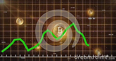 Image of green graph processing data on grid over glowing bitcoins on dark background Stock Photo