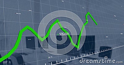 Image of green graph processing data over computers on desks at office Stock Photo